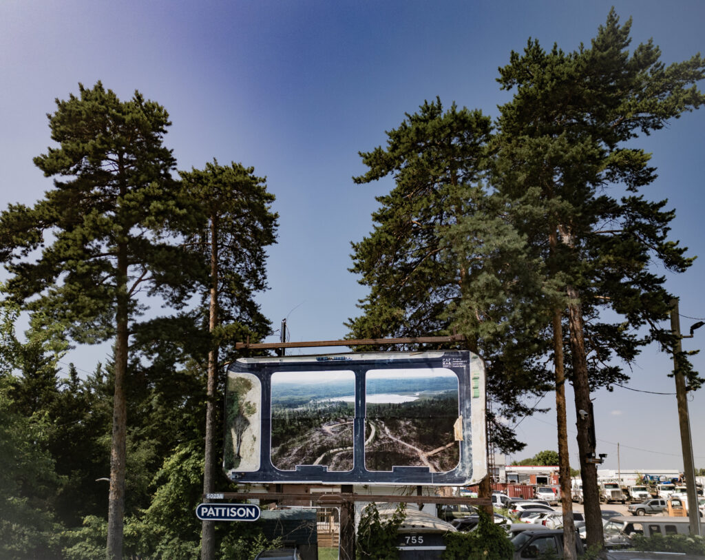 A colour photograph of a Pattison billboard of a photomontage of two photographs. The billboard is surrounded by trees and above a lot of cars parked closely together.