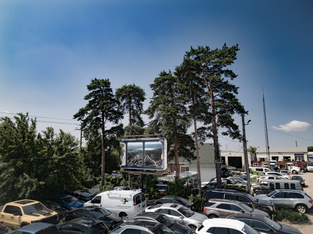 A colour photograph of a Pattison billboard of a photomontage of two photographs. The billboard is surrounded by trees and above a lot of cars parked closely together.