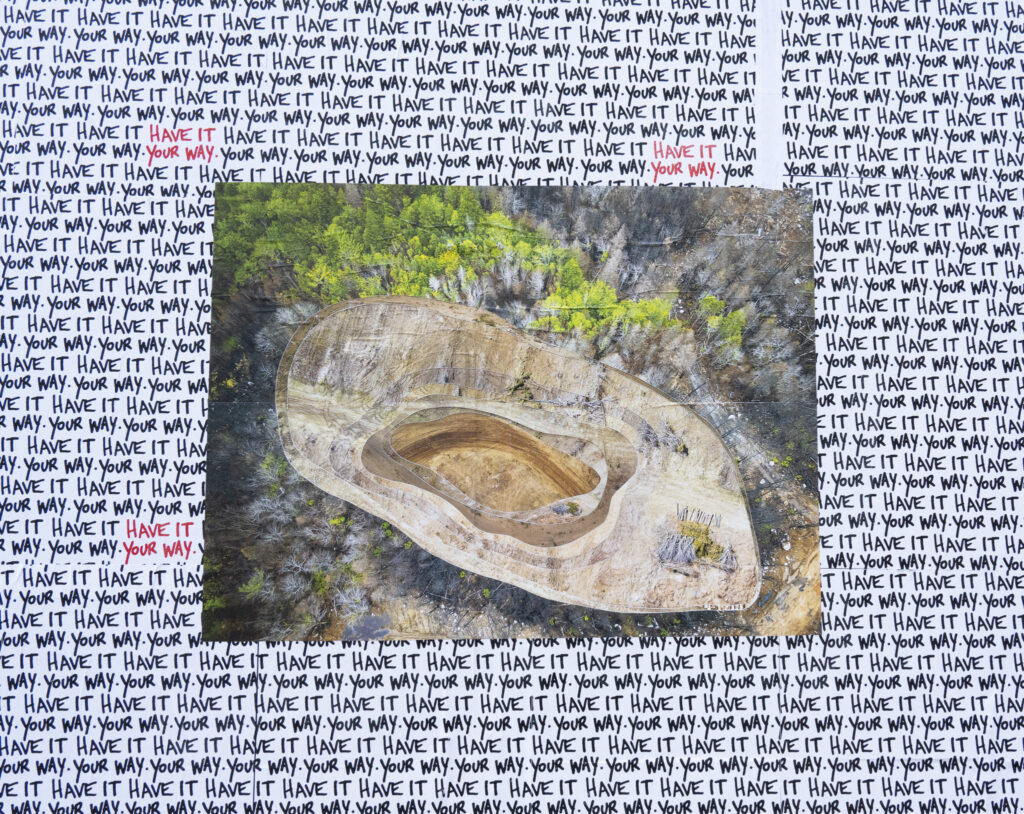 Colour Photograph of photo montage art pasted up on a black wall with white paper and the words "have it your way" repeated in the background.
