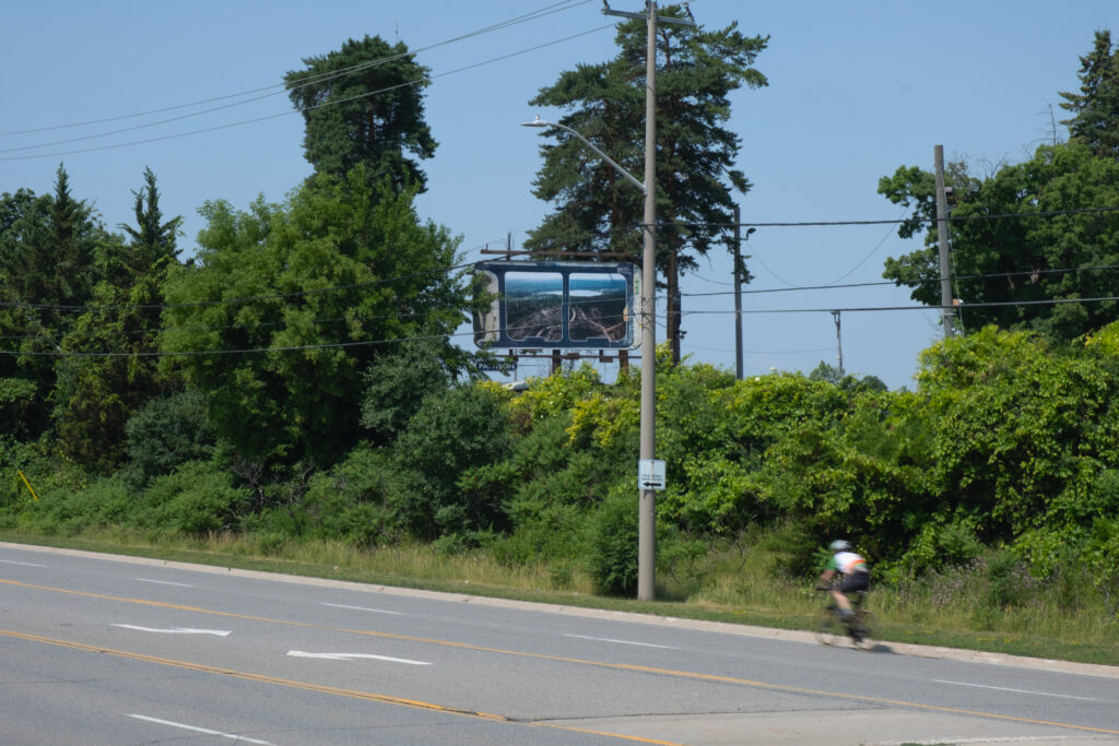 A colour photograph of a Pattison billboard of a photomontage of two photographs. The billboard is surrounded by trees and at the edge of a a multi-lane road on which only a cyclist is riding by.