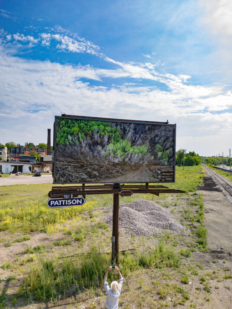 Colour photograph of a Pattison billboard of a photomontage of cut down trees lining a roadway that leads to a forest that has been partially burned. In the foreground under the billboard, is a figure holding a camera in their hands. The billboard is located next to a pile of gravel, in front of old factory buildings and railway tracks run to the right.