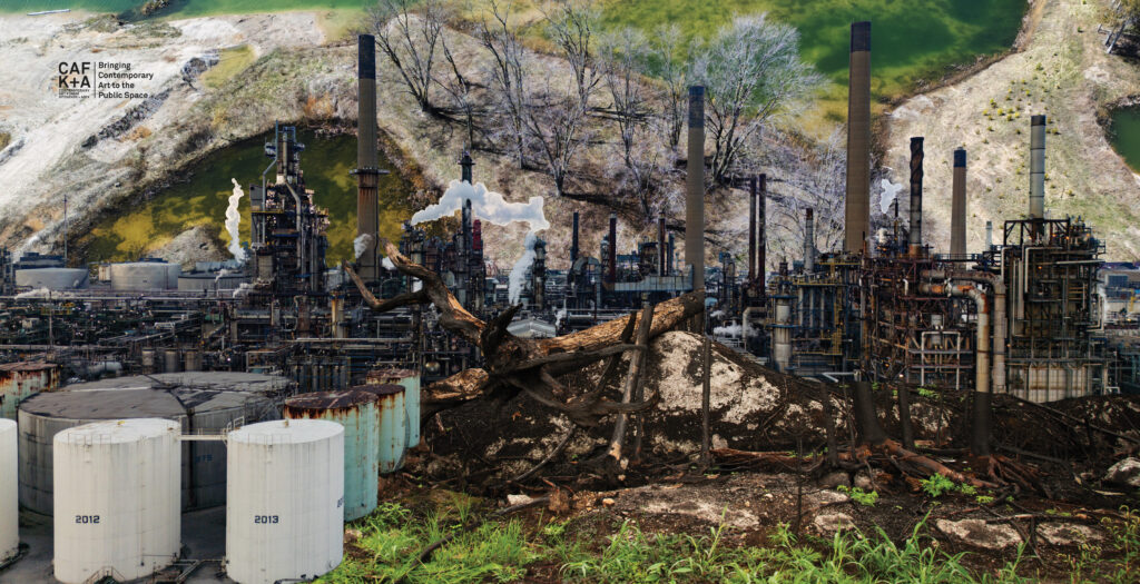 A photo montage of factory images, smoke stacks, burned trees, and a landscape.
