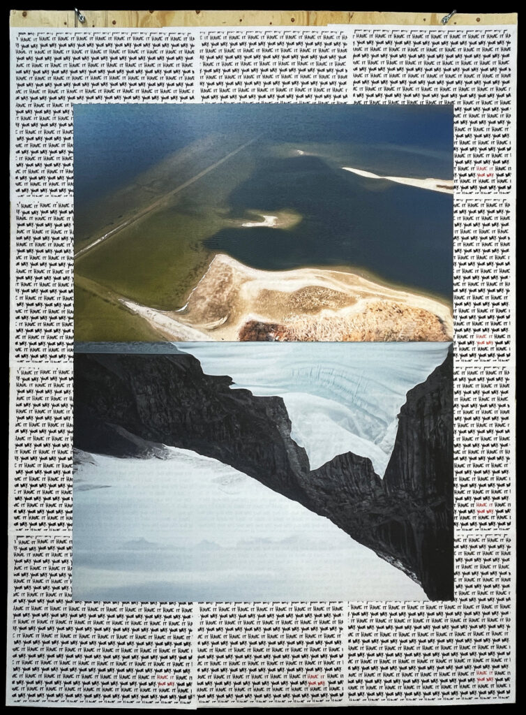 A colour photograph of a photomontage of two images joined at the horizontal center. The top is an aerial image of a lake bottom of sand and gravel, a submerged old roadway and wall can be seen. the bottom image is of an iceberg and mountain range. The image shapes (land and iceberg) mirror each other.