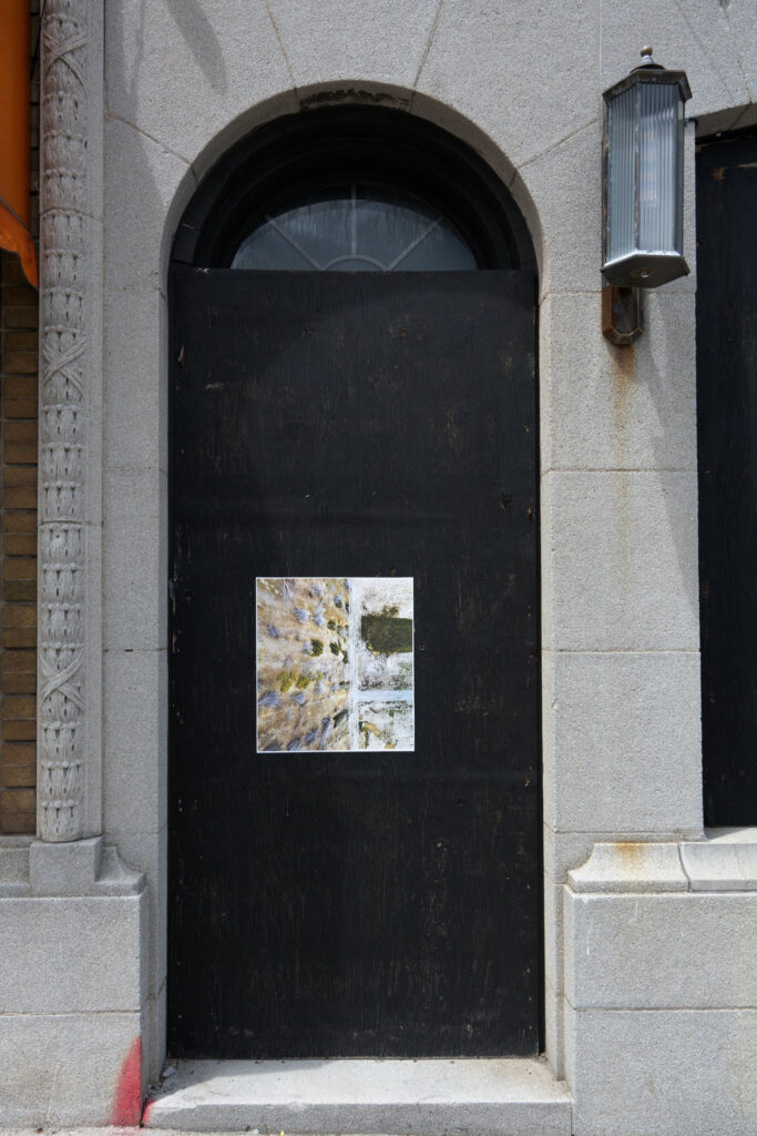 A colour photograph of a photomontage of trees and textures pasted onto a boarded up doorway painted black.