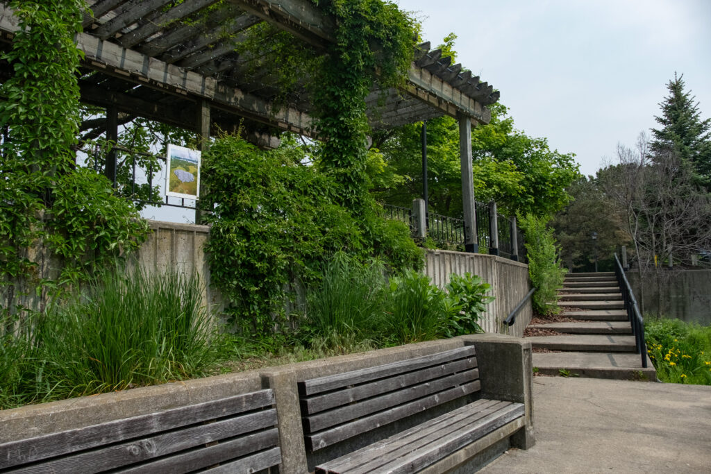 A colour photograph of a a concrete sitting area. 2 benches made of wood are on the left, green plants are growing all around the benches and up a pergola, in the background are stairs leading away. Above the benches is a plaque with a photomontage of a giant larger than life pile of grey cinderblocks in a misty landscape of connected water ways and forest pasted on it.