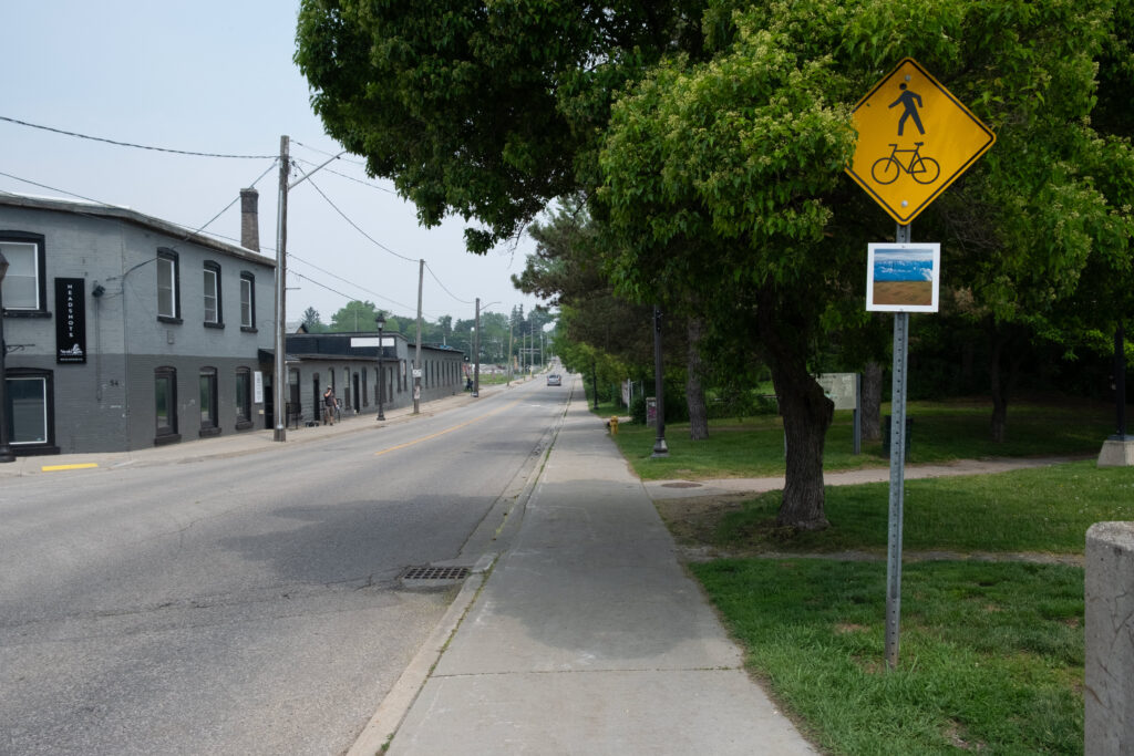 A colour photograph of a street from the sidewalk on the right side.
On the left side is a row of grey and black buildings with windows. On the right the street is lined with trees fully leafed out. In the foreground is a yellow street sign indicating a walking and cycling route. Below the sign is a white board with a photomontage of photographs of blue ice and a filed of grass growing in pots.