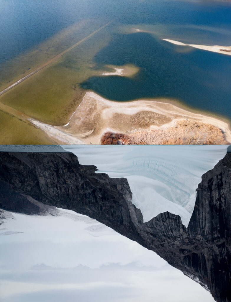 photomontage of two images joined at the horizontal center. The top is an aerial image of a lake bottom of sand and gravel, a submerged old roadway and wall can be seen. the bottom image is of an iceberg and mountain range. The image shapes (land and iceberg) mirror each other.